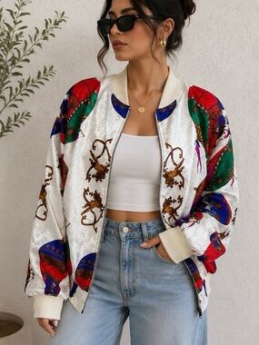 Vintage Satin Bomber Jacket Colorful Baroque Print – Statement Piece